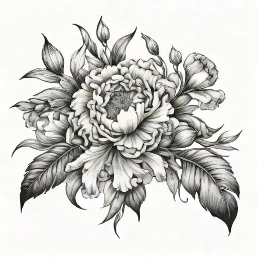 A bouquet  Fine line  Long stems  Bow around stems  Smaller flowers  Black and white  A peony flower  A iris flower  A v tattoo design idea