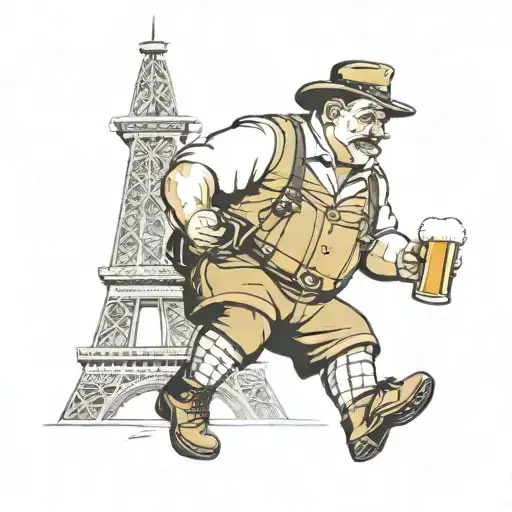 fat german man holding a beer in lederhosen climbing eiffel tower tattoo design idea