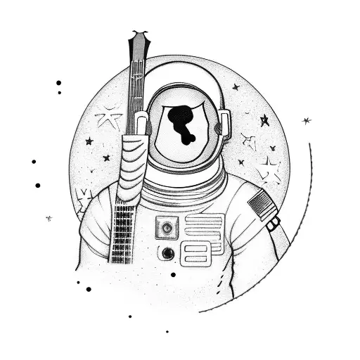 Davis Bowie as an astronaut in space playing a guitar surrounded my music notes tattoo design idea