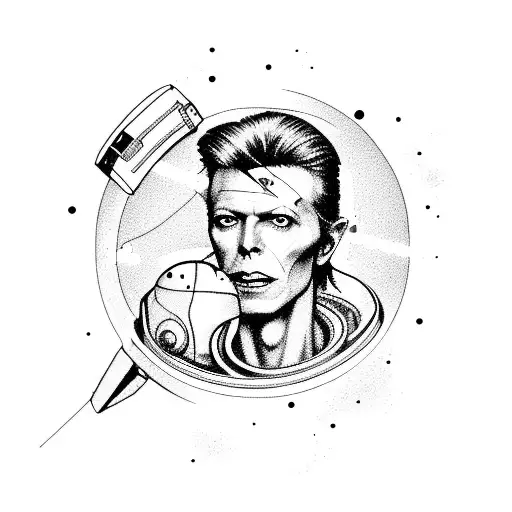 David Bowie as an astronaut in space holding a guitar surrounded by musical notes tattoo design idea