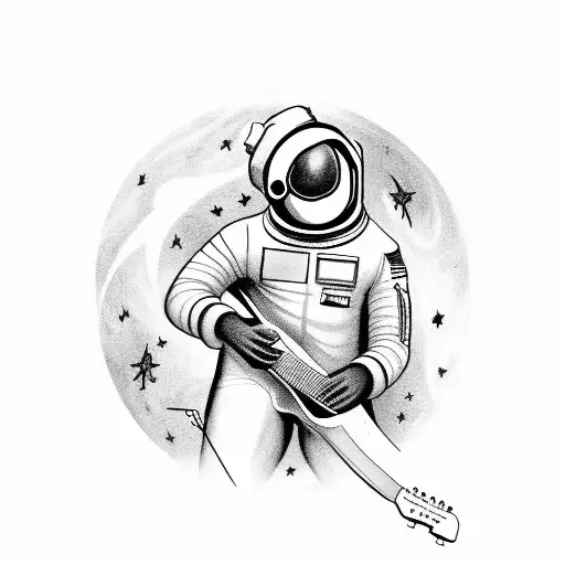 Davis Bowie as an astronaut in space playing a guitar surrounded my music notes tattoo design idea