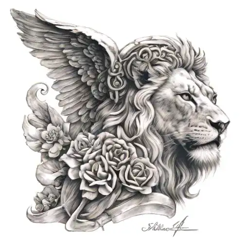 Angel with a lion's head and the inscription Max 4.8.2024 tattoo design idea