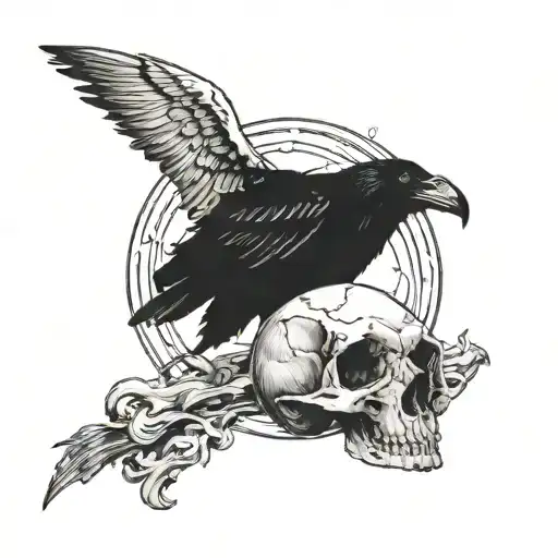 a crow on a goat skull and moon in background tattoo design idea