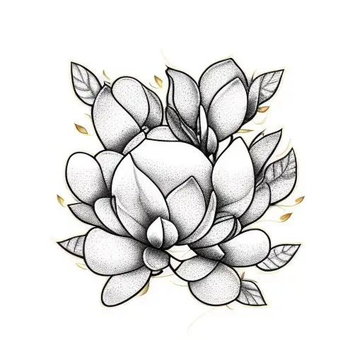 branch of a magnolia tree with leaves and blossoms in golden ratio tattoo design idea