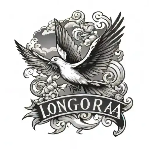 the word "longoria" with doves and cloud in thebackground tattoo design idea