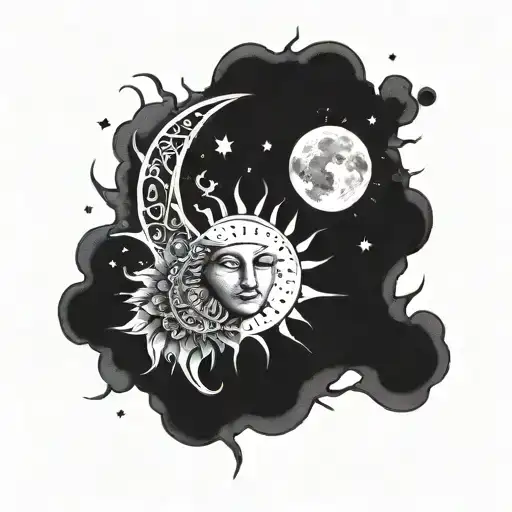 A celestial tattoo design of the sun and moon merging together, with a subtle nod to Greek mythology and space elements tattoo design idea
