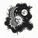 A celestial tattoo design of the sun and moon merging together, with a subtle nod to Greek mythology and space elements tattoo design idea