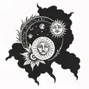 A celestial tattoo design of the sun and moon merging together, with a subtle nod to Greek mythology and space elements tattoo design idea