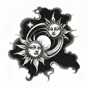 A celestial tattoo design of the sun and moon merging together, with a subtle nod to Greek mythology and space elements tattoo design idea