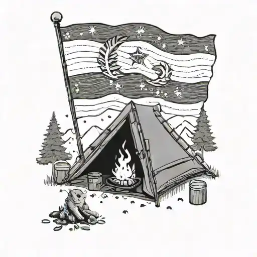 A camping scene with a Fenerbahçe flag flying high and a dog sitting by the fire tattoo design idea