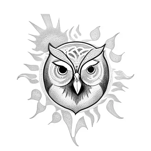 sun, palm tree, owl, waves tattoo design idea
