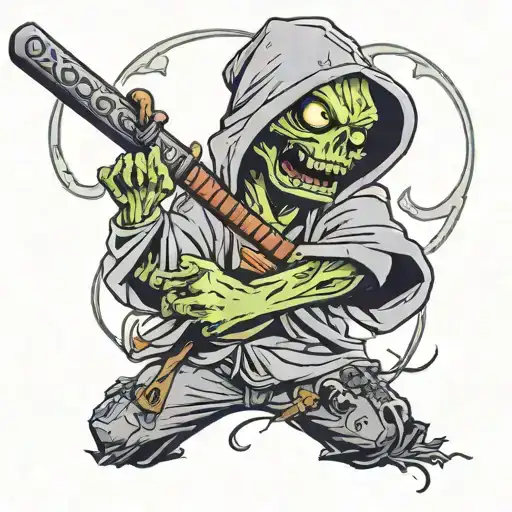 A zombie in a cap and hoodie and a katana on his shoulder tattoo design idea