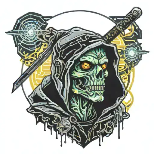 A zombie in a cap and hoodie and a katana on his shoulder tattoo design idea