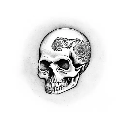 magine a black and white skull, intricately detailed with shading and fine lines. Instead of traditional eye sockets, th tattoo design idea
