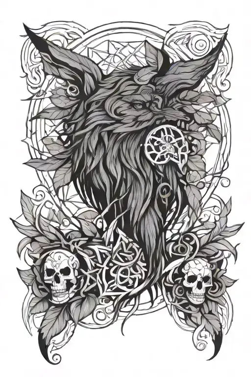ayahuasca vines, wolf, skull, raven tattoo design idea