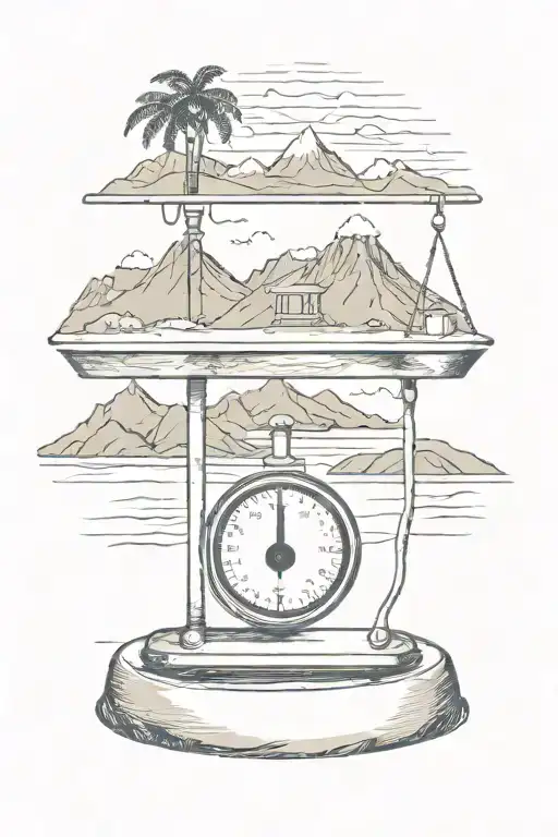 weighing scale with beach and mountain landscape tattoo design idea