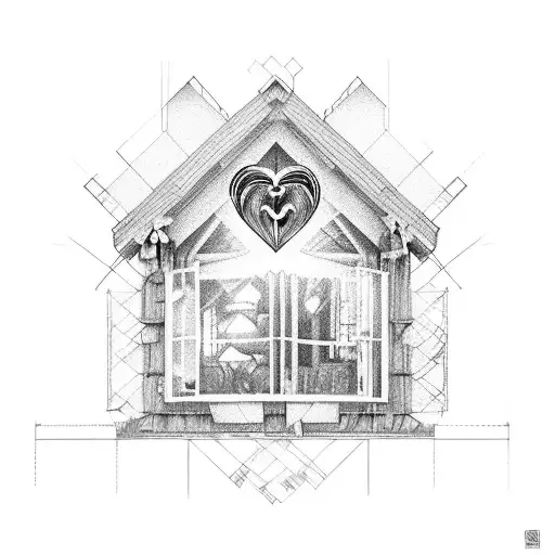 A detailed blueprint of a house with a heart-shaped window symbolizing love for family and architecture tattoo design idea