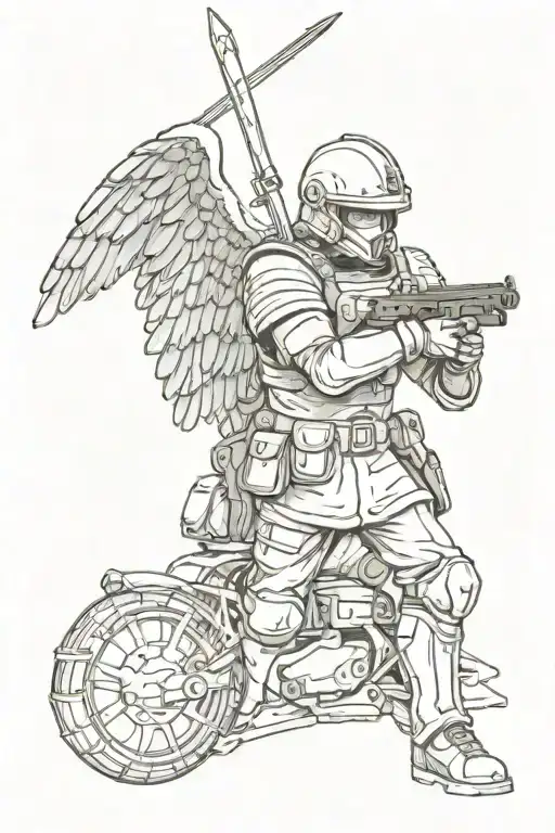 Combine a guardian angel with a military helmet holding a spear and a gun tattoo design idea