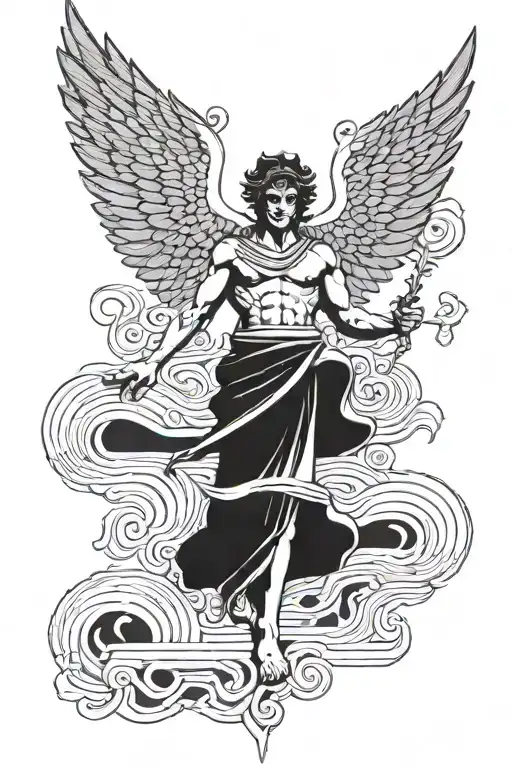 A greek god representing a labyrinth full body and wings tattoo design idea
