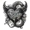 black heart with "never again" tattoo design idea