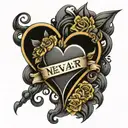 black heart with "never again" tattoo design idea
