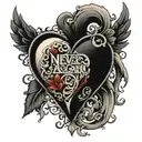black heart with "never again" tattoo design idea