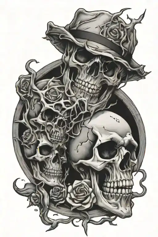 A mask melting down into a skull, all wrapped in thorns that say "trust no one, life depends on you" tattoo design idea