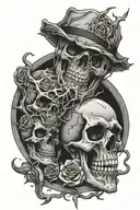 A mask melting down into a skull, all wrapped in thorns that say "trust no one, life depends on you" tattoo design idea