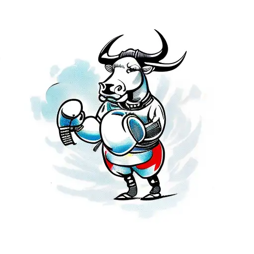 a bull wearing boxing gloves while using crutches tattoo design idea
