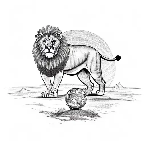 A majestic lion standing on a globe, representing your love for travel and your favorite animal. tattoo design idea