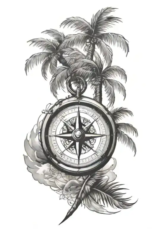 Compass palm tree beach sky fly tattoo design idea