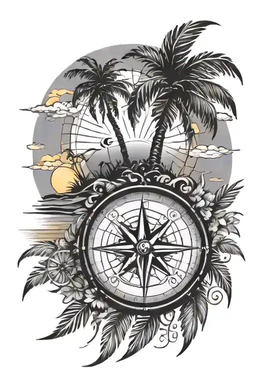 Compass palm tree beach sunset sky tattoo design idea
