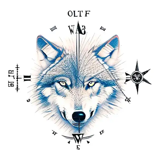 a wolf, a rose and a compass tattoo design idea