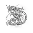 Dragon with american flag and motorcycle tattoo design idea