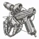 A robotic arm holding a computer mouse and a rifle tattoo design idea