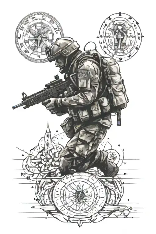 A sketch-style tattoo depicting a soldier in a moment of self-reflection, surrounded by motivational quotes related to personal development tattoo design idea