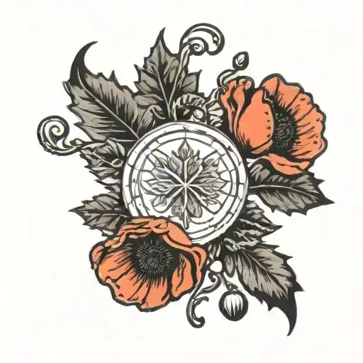 poppies, maple leaf, music, horse shoe outline tattoo design idea