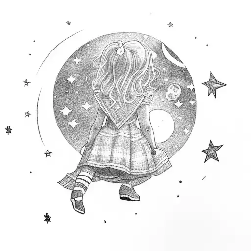 little girl seatting on the grass at night lookint at the full moon and behind the sky is full of stars violet red blue tattoo design idea