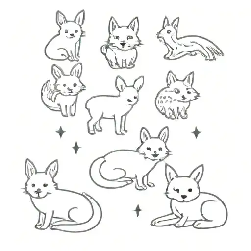 cute animated little bunny,wolf,bird,cat,puppy,panda and fox on each other  tattoo design idea