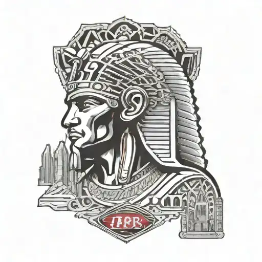 A 49ers logo morphing into an Egyptian pharaoh's headdress, with a background of Oakland cityscape tattoo design idea