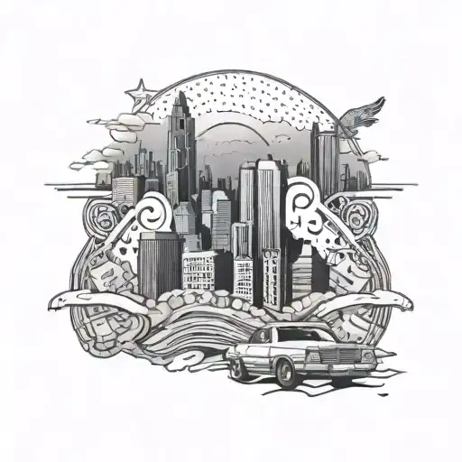 A graffiti-style mural of Oakland California skyline with Clara St sign, Mercedes Benz logo, and stacks of money tattoo design idea