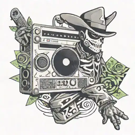A criminal-themed tattoo featuring a masked figure holding a boombox playing music, surrounded by money symbols tattoo design idea