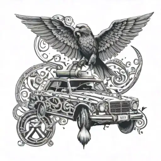 An intricate design of a Mercedes Benz hood ornament intertwined with Egyptian hieroglyphics and musical instruments tattoo design idea