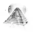 maya pyramid, at the bottom is a swamp and at the top is a swirling galaxys with litle stars tattoo design idea