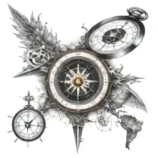 time traveller compass surrounded by various tattoo design idea