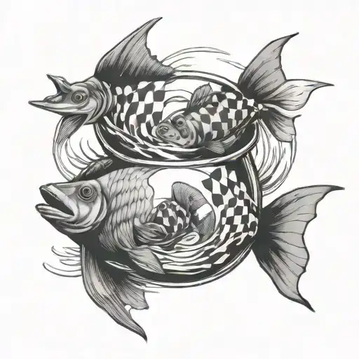 two lost souls swimming in a fish bowl with checkered racing flags tattoo design idea