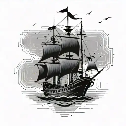A pirate ship sailing on a sea of binary code, representing the client's love for both technology and pirate themes tattoo design idea