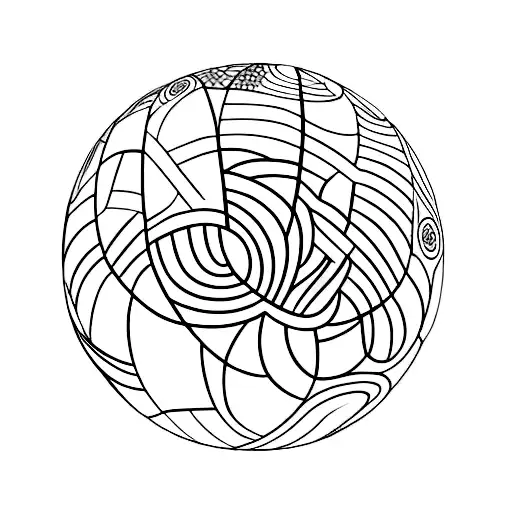 A blackwork tattoo of a volleyball surrounded by yoga-inspired symbols tattoo design idea