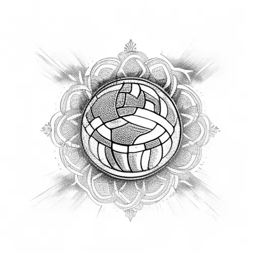 A blackwork tattoo of a volleyball surrounded by yoga-inspired symbols tattoo design idea