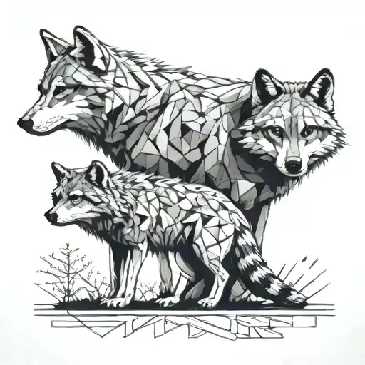 A wolf and raccoon standing side by side in a stylized geometric design tattoo design idea